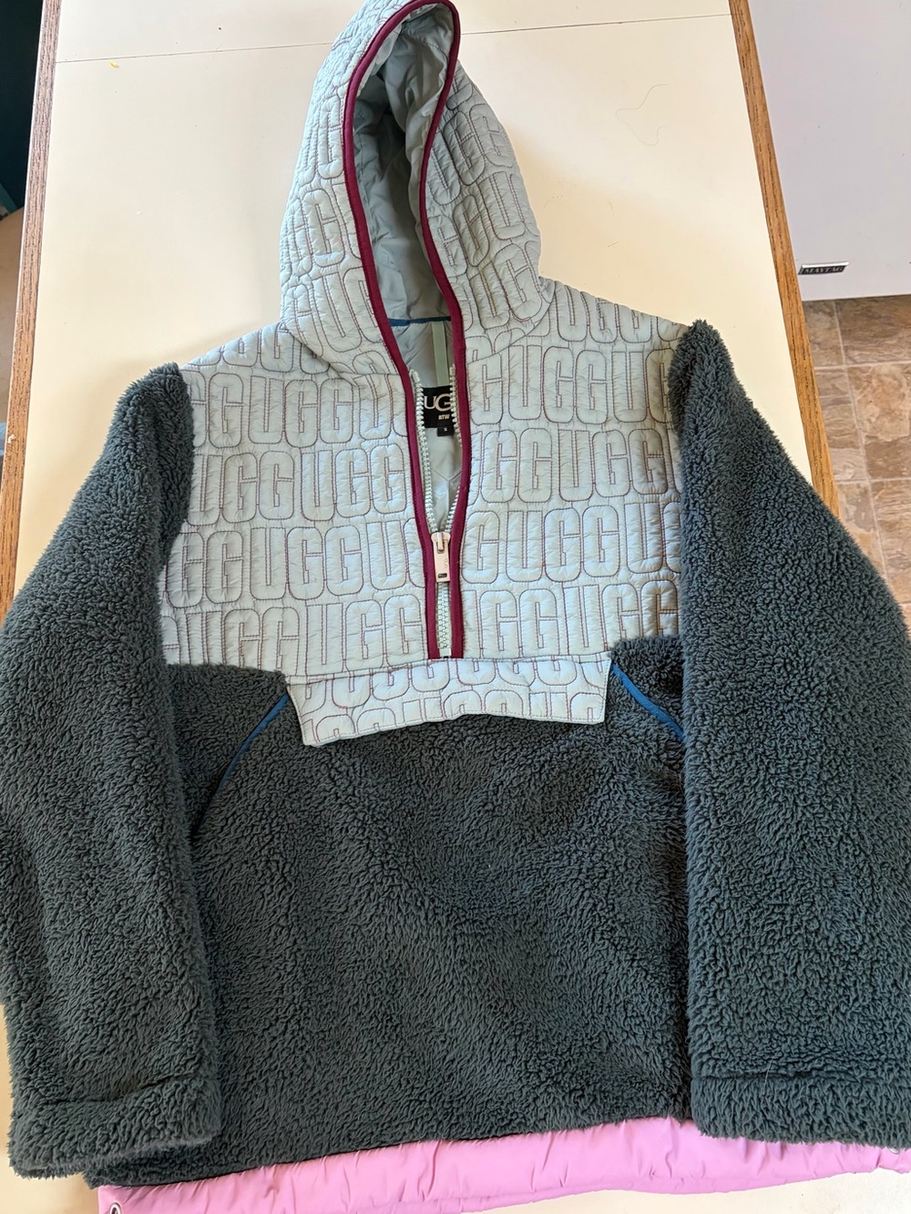 UGG women’s Gray Sherpa Hoodie with Logo-Print Chest Panel and Maroon Zip Trim